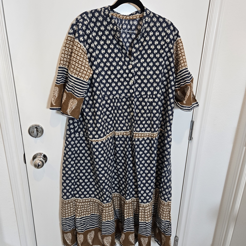Boho Cotton Navy and Brown Patterned Midi Dress World Market Style